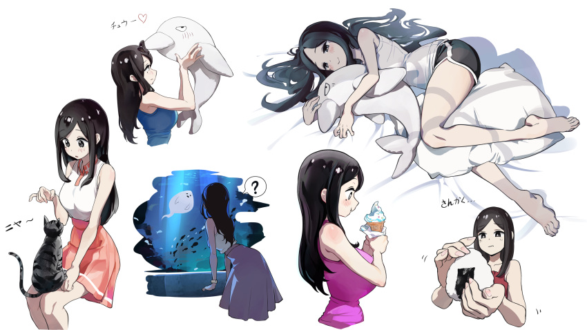 aquarium black_eyes black_hair blush breasts dolphin_shorts feline female food highres ice_cream large_breasts manta_ray medium_hair mo0o0rae mole mole_under_eye onigiri pillow sakurai_touko senpai_ga_uzai_kouhai_no_hanashi shiromanta_(character) shirt shorts sidelocks stuffed_animal stuffed_dolphin stuffed_toy