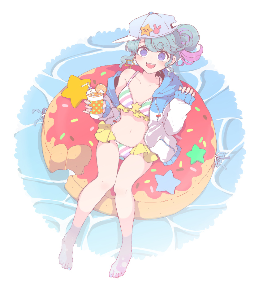 :d absurdres barefoot baseball_cap bikini blue_eyes blue_hair blue_hat blush commentary_request cup disposable_cup doughnut_innertube drinking_straw earrings female food frilled_bikini frills from_above fruit full_body hair_ornament hands_up hat highres holding holding_cup hood hooded_jacket jacket jewelry long_sleeves looking_at_viewer multicolored_hair navel nojima_minami open_clothes open_jacket open_mouth orange_(fruit) orange_slice partially_submerged pink_hair pinon_(pripara) pretty_series pripara short_hair sitting smile solo star_(symbol) star_earrings star_hair_ornament streaked_hair striped_bikini striped_clothes swimsuit water