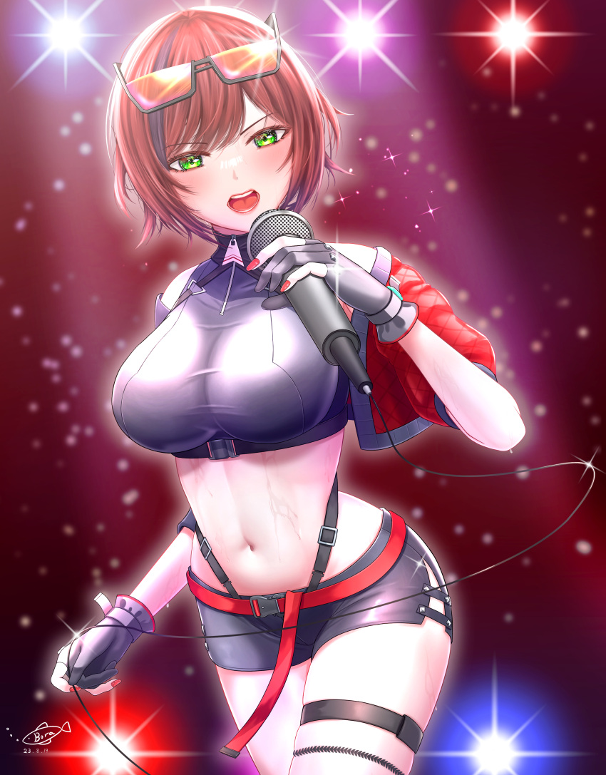 absurdres aogiri_koukou artist_logo belt bora_(karasumin0) breasts crop_top cropped_jacket dated eyewear_on_head female gloves green_eyes grey_gloves highres holding holding_microphone ishikari_akari jacket large_breasts lights microphone midriff navel open_clothes open_jacket open_mouth partially_fingerless_gloves red_belt red_hair red_jacket red_nails shirt short_hair short_shorts shorts sweat taut_clothes taut_shirt thigh_strap thighs virtual_youtuber