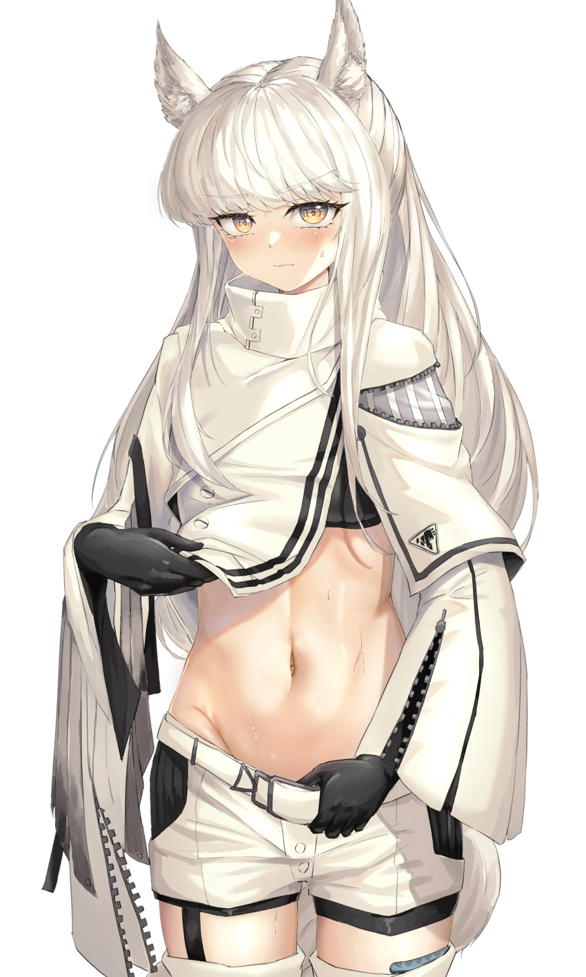 absurdres animal_ears arknights black_bra black_gloves blush bra clothes_lift cowboy_shot female gloves groin highres horse_ears horse_girl horse_tail jacket jacket_lift kingdom_of_kazimierz_logo lifting_own_clothes long_hair long_sleeves looking_at_viewer navel platinum_(arknights) putcho shorts shorts_tug simple_background solo stomach sweat sweatdrop tail thighhighs underwear white_background white_hair white_jacket white_shorts white_thighhighs wide_sleeves yellow_eyes