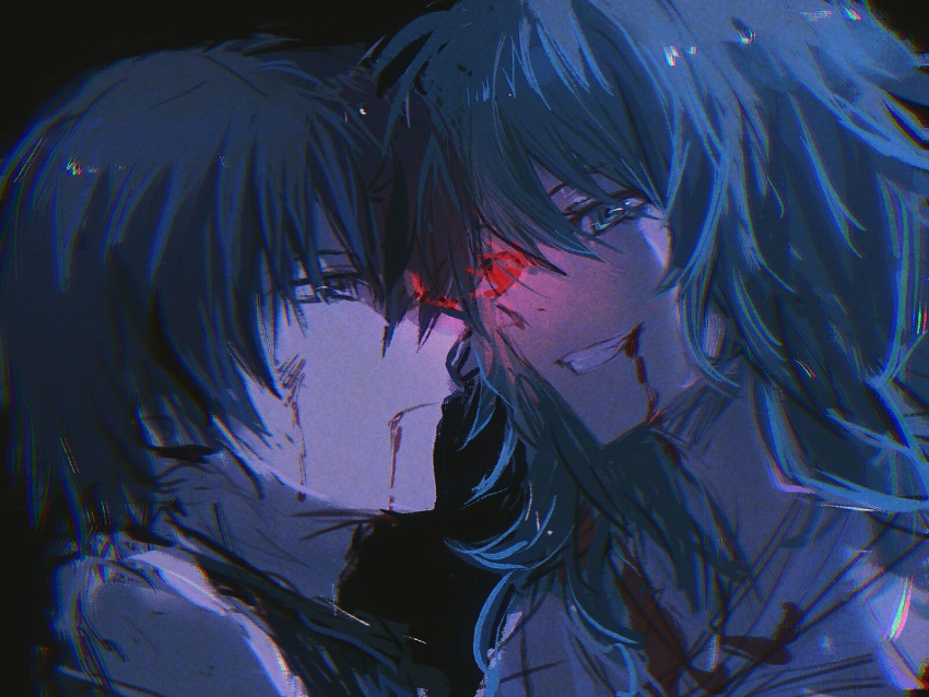 1boy astronut_zzz black_background blood blood_from_mouth chinese_commentary closed_mouth commentary eto_(tokyo_ghoul) expressionless eye_contact female from_side grin hair_between_eyes highres kaneki_ken long_hair looking_at_another portrait profile serious short_hair smile teeth tokyo_ghoul tokyo_ghoul:re