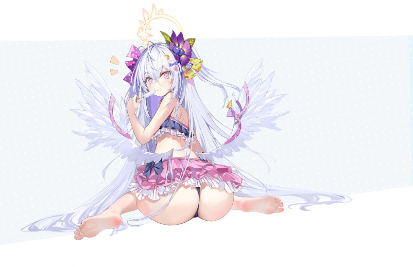 absurdres ahoge alternate_costume ass azusa_(blue_archive) azusa_(swimsuit)_(blue_archive) back barefoot bikini bikini_skirt black_bow blue_archive blue_bikini blush bow eating feathered_wings feifeifeihai female flower food food-themed_hair_ornament frilled_bikini frills full_body hair_between_eyes hair_flower hair_ornament hairbow hairclip halo highres holding holding_food holding_popsicle layered_bikini layered_skirt lemon_hair_ornament lemon_print long_hair looking_at_viewer looking_back low_wings parted_lips pink_eyes pink_skirt pleated_skirt polka_dot polka_dot_bow popsicle purple_bow sitting skirt soles solo strapless strapless_bikini striped_bikini striped_clothes striped_skirt swimsuit thong_bikini tongue tongue_out vertical-striped_bikini vertical-striped_clothes vertical-striped_skirt very_long_hair wariza white_hair white_wings wings