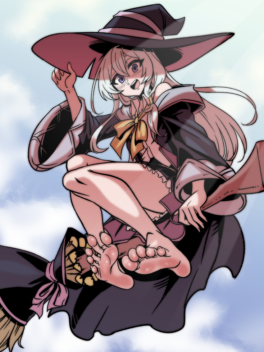 absurdres barefoot broom broom_riding elaina_(majo_no_tabitabi) feet female foot_focus ga320aaa hat highres long_hair looking_at_viewer majo_no_tabitabi soles solo toes witch witch_hat