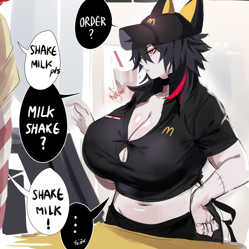 ! ... 1other ? absurdres animal_ears apron black_hair breasts cashier commentary crop_top cropped_shirt english_commentary english_text fake_animal_ears female hand_on_own_hip hat highres huge_breasts iced_latte_with_breast_milk_(meme) kurenaiz_(kuayrenaiz) large_breasts mcdonald's meme midriff mole mole_on_breast navel pale_skin poster_(object) red_eyes ronald_mcdonald sexually_suggestive speech_bubble spiked_hair spoken_ellipsis