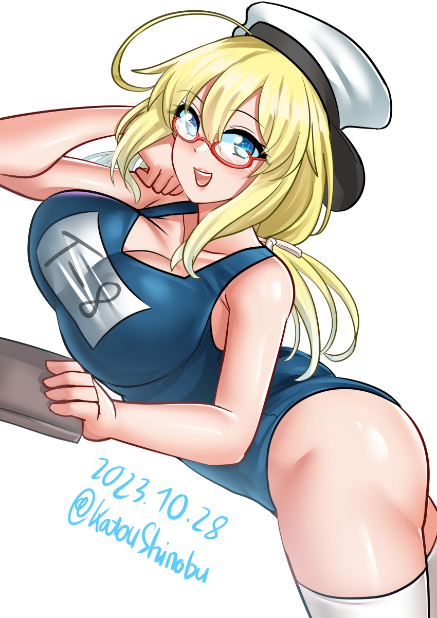 absurdres ahoge blonde_hair blue_eyes blush breasts character_name dated female glasses hair_ribbon hat highres i-8_(kancolle) kantai_collection katou_shinobu large_breasts lips long_hair looking_at_viewer low_twintails lying name_tag on_stomach one-piece_swimsuit open_mouth peaked_cap red-framed_eyewear ribbon sailor_hat school_swimsuit semi-rimless_eyewear smile swimsuit thighhighs twintails twitter_username under-rim_eyewear white_background white_thighhighs