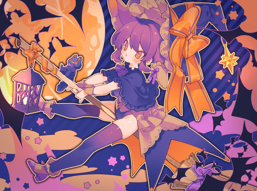 animal_ears bat_(animal) blue_capelet blue_hat broom broom_riding capelet commentary dated_commentary female frilled_capelet frills halloween hat hat_ribbon high_heels lantern leotard no_nose open_mouth orange_eyes orange_ribbon original ozureiji purple_footwear purple_hair purple_leotard purple_ribbon purple_thighhighs ribbon socks socks_over_thighhighs solo star_(symbol) thighhighs thighs white_socks witch_hat