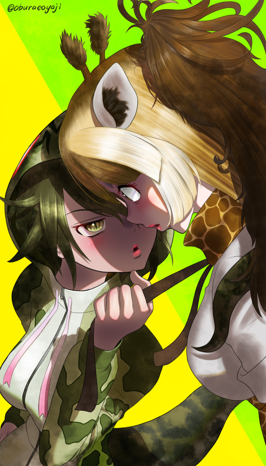 absurdres aburaeoyaji animal_ears animal_print black_hair blonde_hair blush breasts brown_hair commentary eye_contact giraffe_ears giraffe_horns giraffe_print hair_between_eyes highres hood hood_up hooded_jacket horns jacket kemono_friends long_hair long_sleeves looking_at_another medium_breasts multicolored_hair multiple_girls okinawa_habu_(kemono_friends) open_mouth print_scarf reticulated_giraffe_(kemono_friends) scarf scarf_pull shirt short_hair skirt snake_hood snake_print snake_tail tail two-tone_hair white_hair yellow_eyes