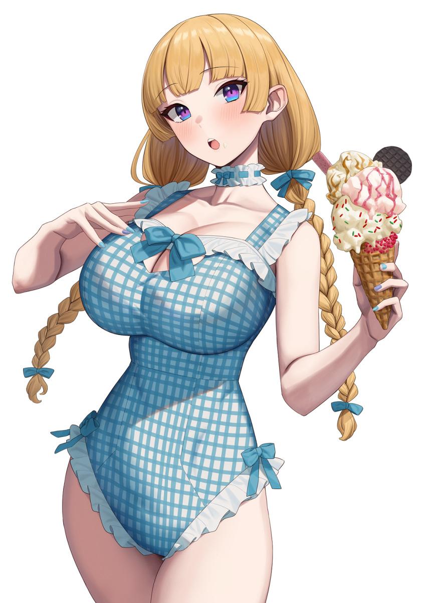 blonde_hair blue_choker blue_eyes blue_nails blue_one-piece_swimsuit braid breasts casual_one-piece_swimsuit choker cleavage_cutout clothing_cutout female food frilled_choker frilled_one-piece_swimsuit frills gingham highres holding holding_food holding_ice_cream ice_cream ice_cream_cone large_breasts lina_(michihasu) long_hair looking_at_viewer low-tied_long_hair low_twintails michihasu nail_polish one-piece_swimsuit open_mouth original plaid plaid_swimsuit solo swimsuit twin_braids twintails upper_body