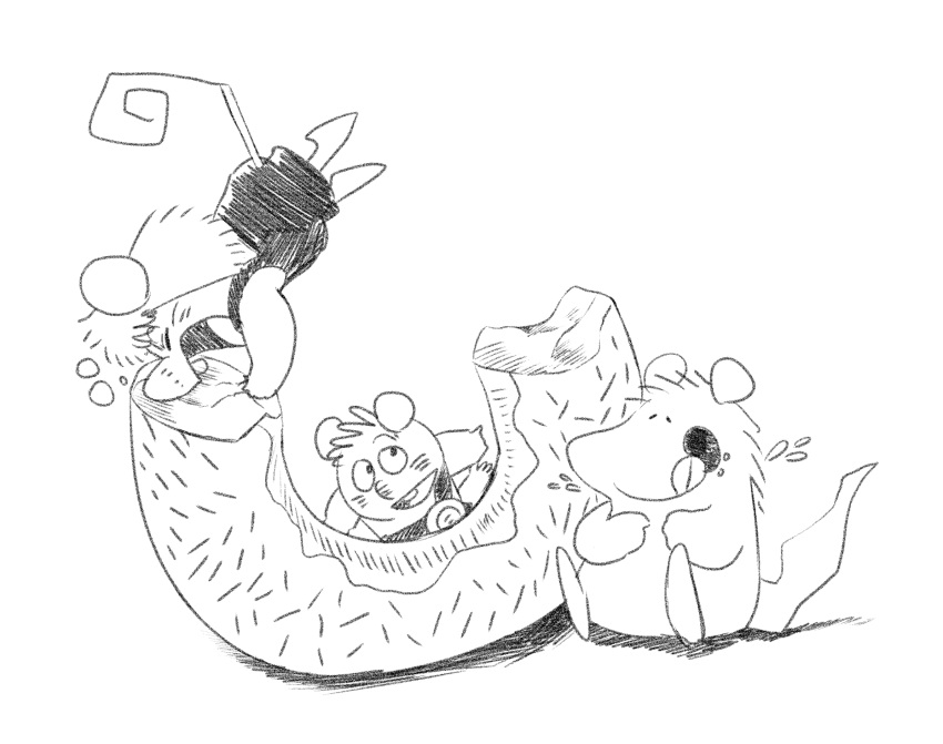 2023 anthro biped bobo_(gamba_no_bouken) chibi closed_eyes clothed clothing dessert doughnut eating food gamba_no_bouken gamba_no_bouken_(series) ganba group hi_res hikari_gamba ikasama mammal micro monochrome mouse murid murine pastry rodent simple_background sitting slightly_chubby smile tongue tongue_out white_background