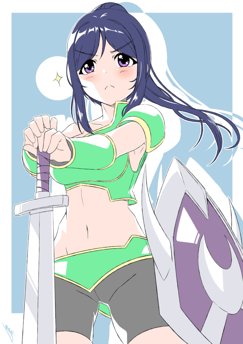 :< absurdres blue_hair blush bunji cosplay cowboy_shot female highres kanan_the_swordmistress kanan_the_swordmistress_(cosplay) love_live! love_live!_sunshine!! matsuura_kanan midriff name_connection navel planted planted_sword ponytail purple_eyes shield solo sword v-shaped_eyebrows weapon yu-gi-oh!