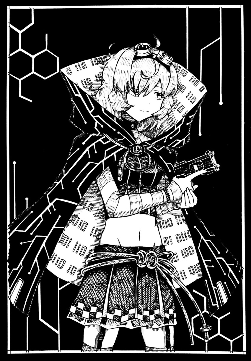 ahoge binary border checkered_clothes checkered_skirt choker circuit_board_print cloak closed_mouth commentary_request cowboy_shot crosshatching detached_sleeves dot_nose female garter_straps goggles goggles_on_head greyscale gun hair_over_one_eye harumayago hatching_(texture) highres holding holding_gun holding_weapon honeycomb_(pattern) layered_skirt magia_record:_mahou_shoujo_madoka_magica_gaiden magical_girl mahou_shoujo_madoka_magica midriff miniskirt miwa_mitsune monochrome mystical_high_collar navel short_hair skirt smile solo split_mouth strapless striped_sleeves swept_bangs tube_top two-sided_cloak two-sided_fabric weapon