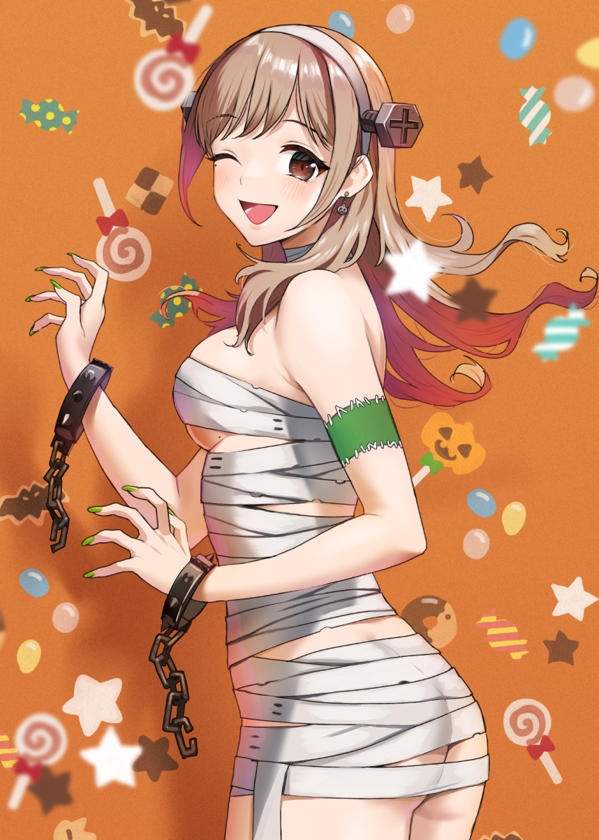 akaori_umeka armband arms_up ass bandaged_chest bandaged_neck bandages bare_arms bare_shoulders blush bow breasts broken broken_chain broken_handcuffs brown_eyes brown_hair candy candy_wrapper chains colored_inner_hair cuffs doughnut doushimasho earrings female food food-themed_earrings green_armband green_nails hairband halloween_costume handcuffs headband highres jack-o'-lantern jack-o'-lantern_earrings jelly_bean jewelry lollipop long_hair mole mole_on_breast mole_under_eye multicolored_hair mummy_costume nail_polish naked_bandage one_eye_closed open_mouth orange_background original pumpkin red_bow red_hair sarashi screw screw_hair_ornament solo star_(symbol) stitches swirl_lollipop wrapped_candy