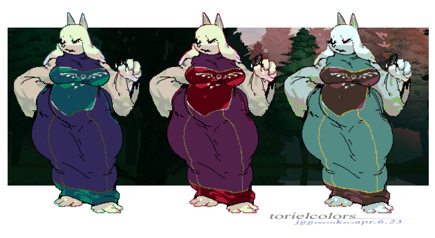 3_toes 4_fingers alternate_color animated anthro black_clothing black_robe body_outline boss_monster_(undertale) bovid breasts caprine clothed clothed_female clothing delta_rune_(emblem) detailed_background eyelashes eyewear feet female fingers floppy_ears forest forest_background fur glasses goat green_clothing green_robe hand_on_hip hi_res holding_eyewear holding_glasses holding_object horn jg_genesiskeys mammal mature_female nature nature_background navel_outline one_eye_closed one_eye_half-closed open_mouth pink_clothing pink_robe plant purple_clothing purple_robe red_eyes robe sagging_breasts short_playtime slightly_chubby slightly_chubby_female solo sprite_art sunset symbol text thick_thighs toes toriel tree undertale undertale_(series) white_body white_ears white_fur white_horn white_sleeves wide_hips