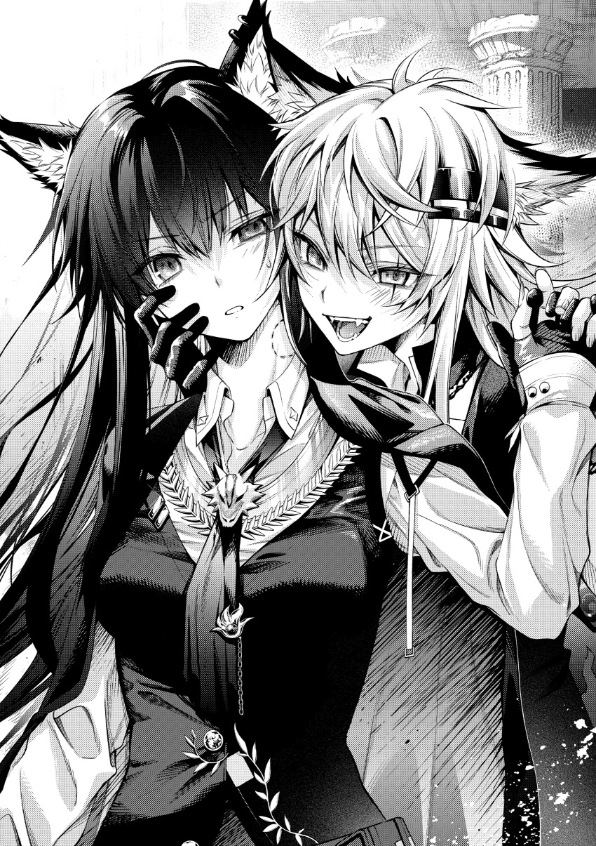 2girls absurdres animal_ear_fluff animal_ears arknights ascot bite_mark bite_mark_on_neck breasts collared_shirt fangs fingerless_gloves gloves greyscale hair_between_eyes hand_grab hand_on_another's_cheek hand_on_another's_face hand_up highres holding_hands interlocked_fingers jacket jacket_on_shoulders lappland_(arknights) long_hair long_sleeves looking_at_another looking_at_viewer medium_breasts messy_hair monochrome multiple_girls open_mouth pillar scar scar_across_eye senju_yosiyuki shirt smile smug sweat teeth texas_(arknights) texas_the_omertosa_(arknights) tongue upper_body v-shaped_eyebrows vest wolf_ears wolf_girl wolf_print yuri