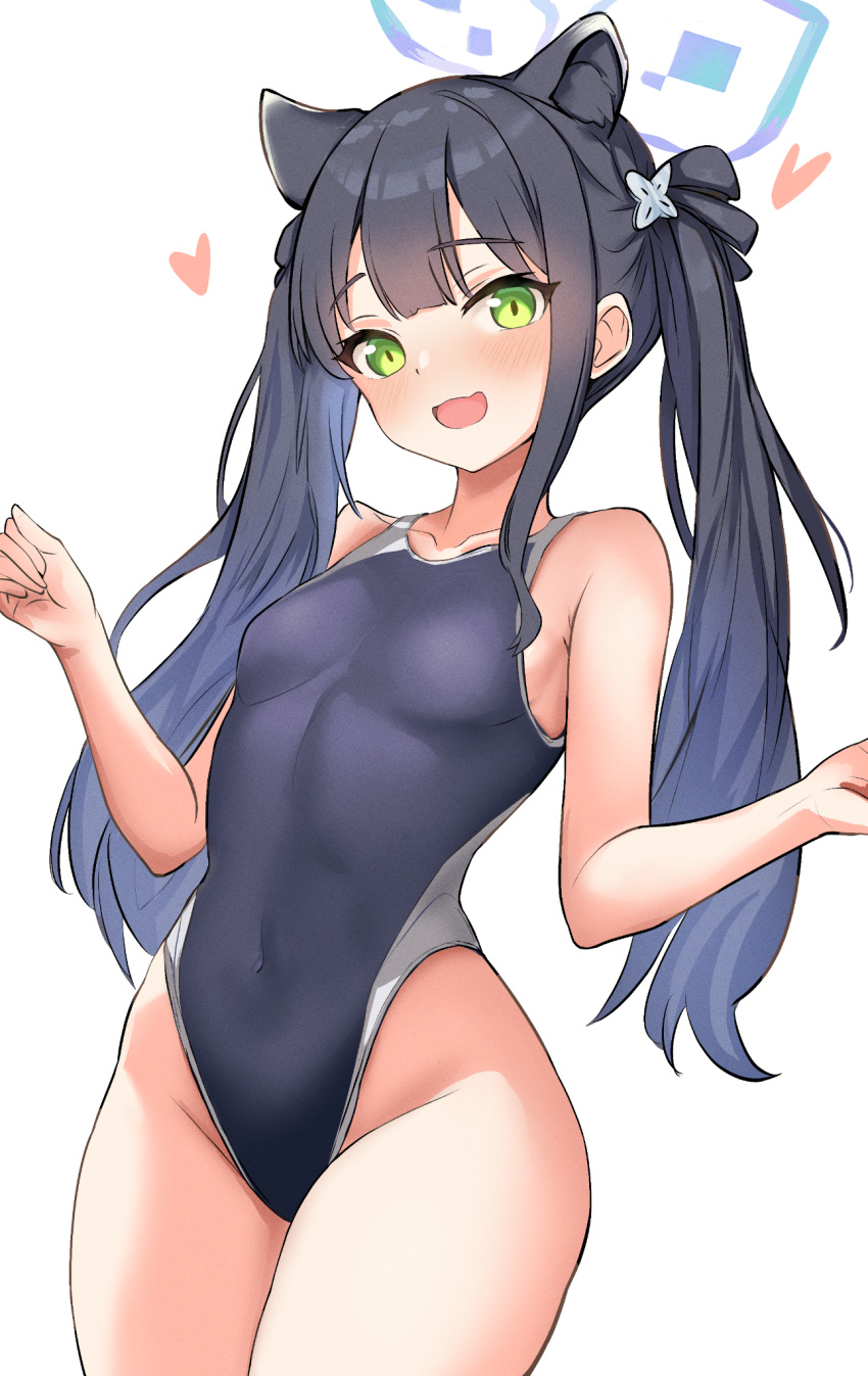 :d alternate_costume animal_ears black_hair black_one-piece_swimsuit blue_archive blue_halo blush breasts collarbone commentary_request competition_swimsuit covered_navel female green_eyes halo heart highres looking_at_viewer metsu_end one-piece_swimsuit shun_(blue_archive) shun_(small)_(blue_archive) simple_background small_breasts smile solo swimsuit thighs twintails white_background