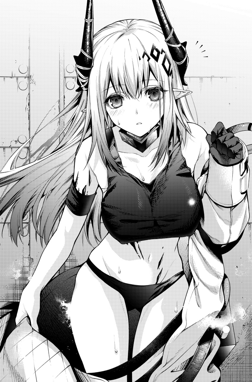 absurdres arknights armband armpit_crease bare_shoulders breasts collar cowboy_shot double-parted_bangs female greyscale hair_between_eyes hair_ornament highres horns infection_monitor_(arknights) jumpsuit large_breasts light_blush long_hair looking_at_viewer material_growth midriff monochrome mudrock_(arknights) mudrock_(elite_ii)_(arknights) navel oripathy_lesion_(arknights) panties parted_lips partially_undressed pointy_ears senju_yosiyuki skindentation solo sports_bra steaming_body sweat thighs underwear