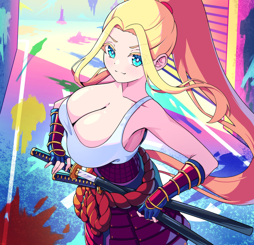 armor bare_shoulders beatrix_amerhauser blonde_hair blood blood_splatter blue_eyes breasts cleavage female fingerless_gloves from_above gloves high_ponytail highres huge_breasts japanese_armor katana kote kusazuri looking_at_viewer multiple_swords paint_splatter pankeiki red_rope rope sheath sidelocks solo sword tank_top unsheathing weapon white_tank_top zom_100:_zombie_ni_naru_made_ni_shitai_100_no_koto