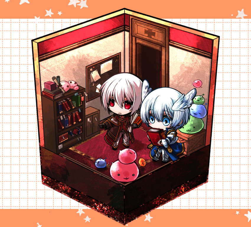 2boys :3 arch_bishop_(ragnarok_online) black_footwear black_gloves blue_coat blue_eyes blue_hair blush book bookshelf box brown_coat brown_gloves character_request chibi coat cropped_jacket drops_(ragnarok_online) feathered_wings fingerless_gloves floorplan full_body gloves gradient_hair grid_background head_wings highres indoors isometric jacket long_sleeves male_focus marin_(ragnarok_online) miya_daisuke multicolored_hair multiple_boys open_mouth pants pointing poporing poring ragnarok_online red_eyes red_hair scroll shoes short_hair slime_(creature) star_(symbol) white_hair white_jacket white_pants white_wings wings