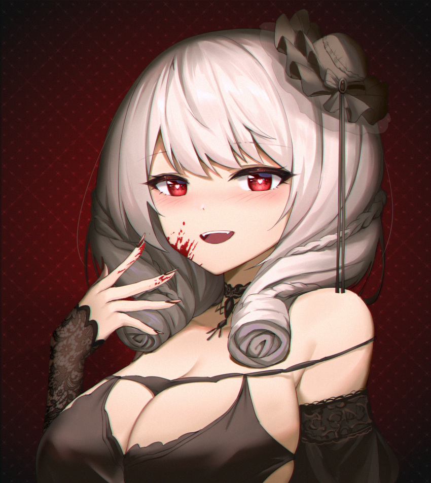 :d azur_lane bare_shoulders black_choker black_headwear blood blood_on_face blood_on_hands blush breasts bright_pupils choker cleavage commentary detached_sleeves female fingernails grey_hair heart heart-shaped_pupils highres kafeifeifeifeifeifei_jiemo_jun large_breasts long_fingernails long_hair long_sleeves looking_at_viewer luetzow_(azur_lane) luetzow_(everlasting_blood_banquet)_(azur_lane) off_shoulder official_alternate_costume open_mouth patterned_background red_background red_eyes skindentation smile solo symbol-shaped_pupils tilted_headwear upper_body