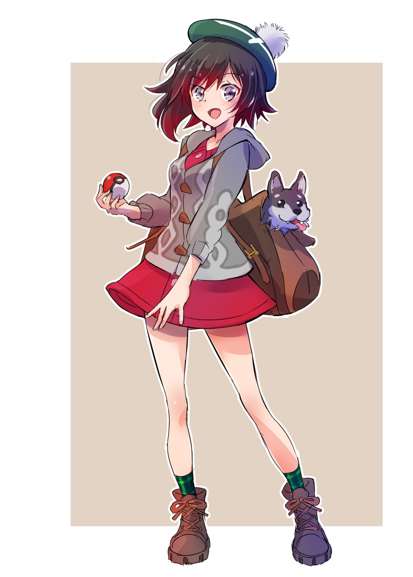 absurdres backpack bag black_hair boots brown_footwear cardigan commentary female full_body gloria_(pokemon) gradient_hair green_hat grey_eyes hat highres holding holding_poke_ball iesupa long_sleeves looking_at_viewer miniskirt multicolored_hair poke_ball poke_ball_(basic) pokemon pokemon_swsh red_hair red_skirt ruby_rose rwby short_hair skirt socks solo standing tam_o'_shanter two-tone_hair welsh_corgi zwei_(rwby)