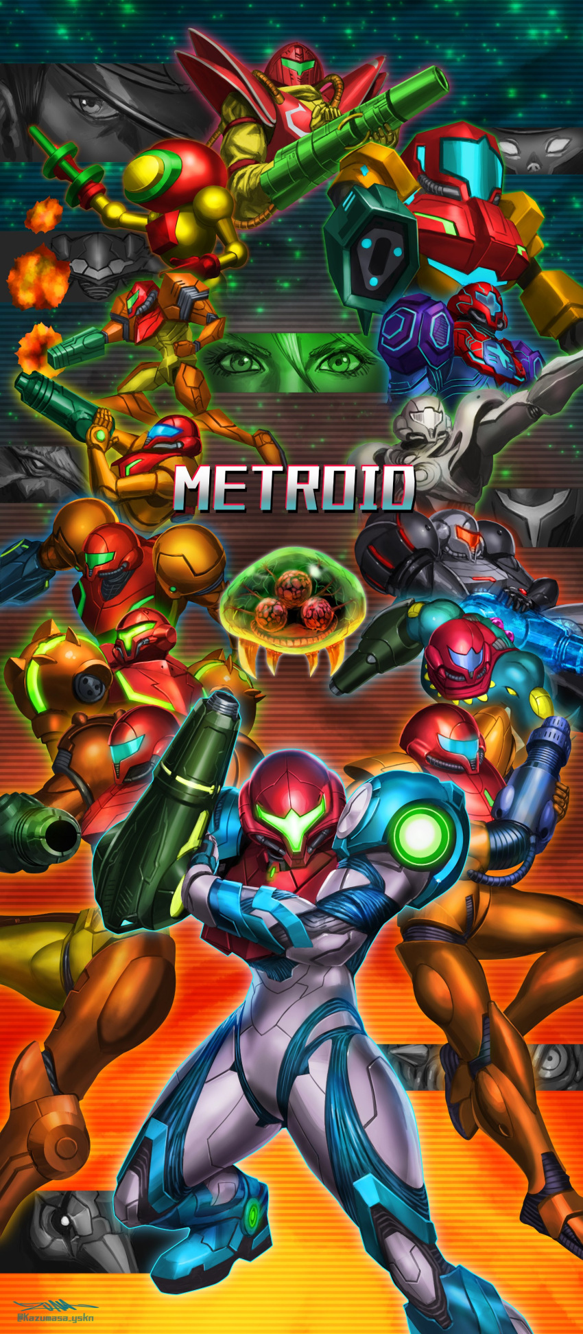 absurdres adam_malkovich arm_cannon armor assault_visor blue_visor commentary_request dark_samus green_visor helmet highres light_suit_(metroid) looking_at_viewer metroid metroid_(classic) metroid_(creature) metroid_2:_return_of_samus metroid_dread metroid_fusion metroid_prime metroid_prime:_federation_force metroid_prime_2:_echoes metroid_prime_3:_corruption metroid_prime_hunters mother_brain multiple_persona orange_visor ped_suit phazon_suit power_armor power_suit power_suit_(metroid) raven_beak_(metroid) ridley sa-x samus's_gunship samus_aran scar science_fiction spacecraft super_metroid super_smash_bros. varia_suit weapon white_visor yasukuni_kazumasa