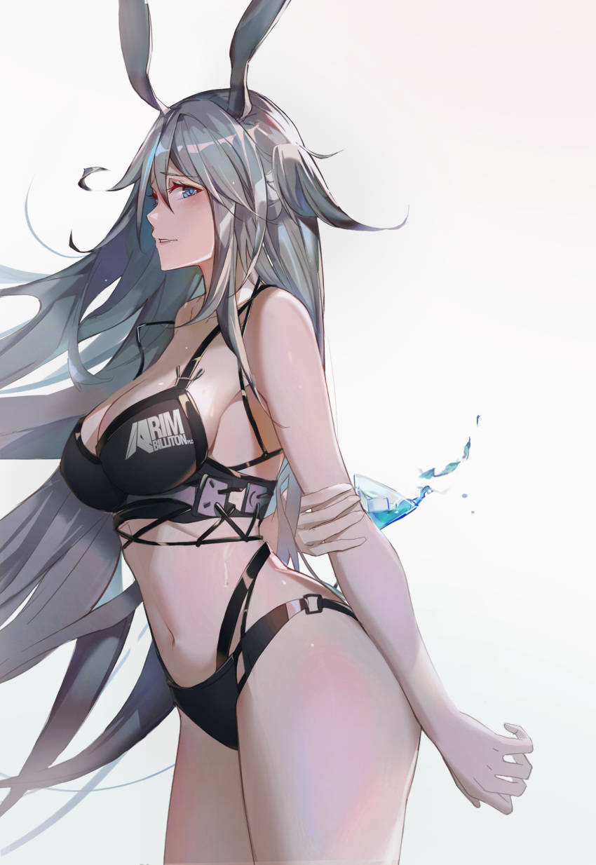 absurdres animal_ears arknights bare_arms bare_shoulders bikini black_bikini breasts check_commentary chinese_commentary cleavage commentary_request cowboy_shot female grey_background grey_eyes grey_hair hair_between_eyes highres large_breasts long_hair looking_at_viewer navel nayuko_(wuyou_nayuko) parted_lips rabbit_ears rim_billiton_logo savage_(arknights) simple_background solo standing stomach swimsuit thighs very_long_hair