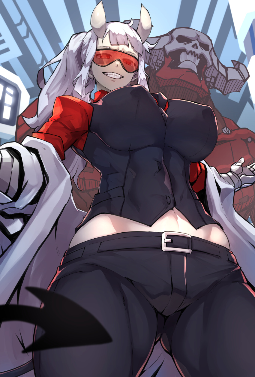 1boy absurdres ass_visible_through_thighs belt black_pants black_vest breasts covered_nipples cowboy_shot demon_girl demon_tail fangs female from_below goggles grin groin helltaker highres horns large_breasts long_hair looking_at_viewer looking_down loremaster_(helltaker) midriff navel nuezou pants ponytail red-tinted_eyewear red_eyes red_shirt shirt sidelocks smile standing subject_67_(helltaker) tail teeth thighs tinted_eyewear vest white_hair white_horns