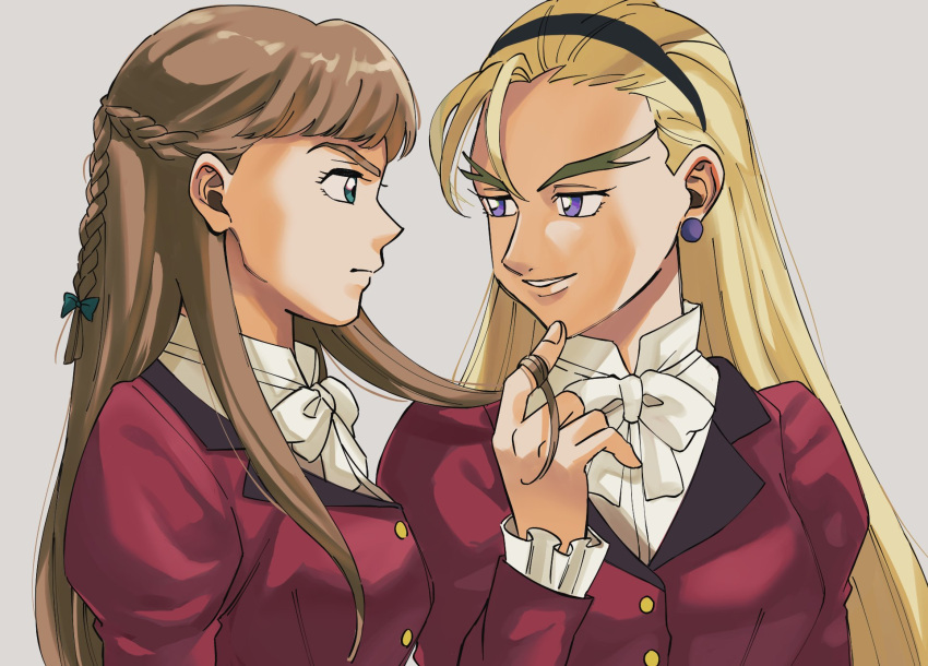 2girls blonde_hair bow braid brown_hair commentary_request crown_braid dorothy_catalonia earrings forked_eyebrows green_eyes gundam gundam_wing hairband highres holding_another's_hair jacket jewelry lips long_hair long_sleeves looking_at_another multiple_girls parted_lips protected_link purple_eyes red_jacket relena_peacecraft school_uniform shirt smile thick_eyebrows tommmmieee upper_body white_bow white_shirt yuri