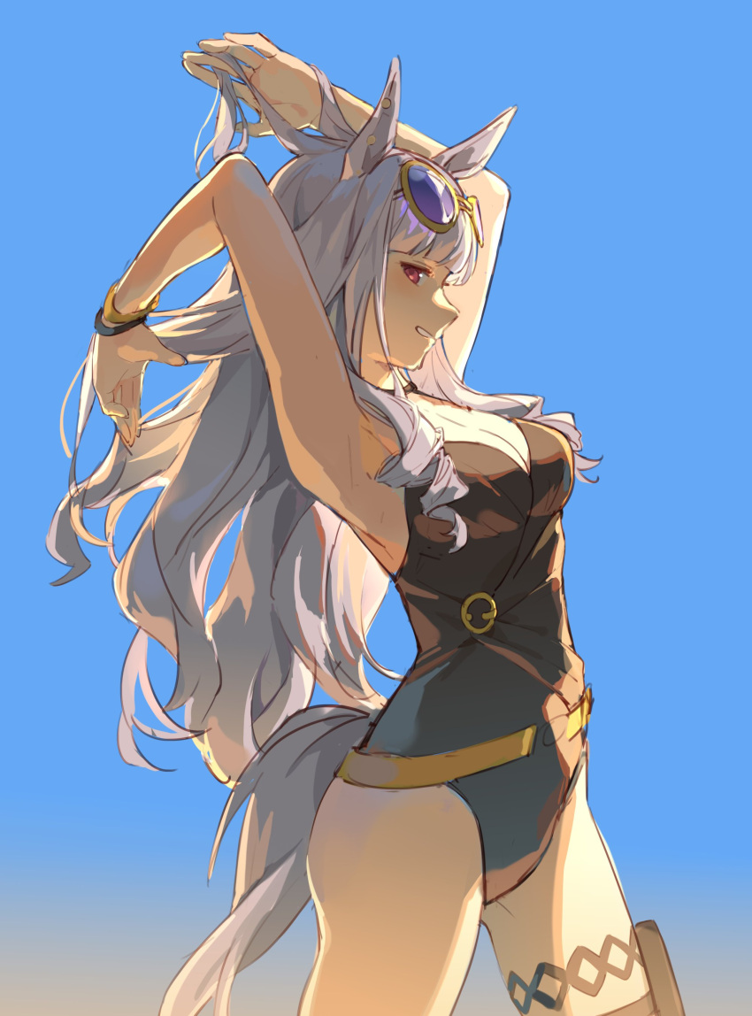 absurdres animal_ears armpits arms_up black_one-piece_swimsuit breasts casual_one-piece_swimsuit cleavage eyewear_on_head female from_side gold_ship_(run_revolt_launcher)_(umamusume) gold_ship_(umamusume) grey_hair highres horse_ears horse_girl horse_tail large_breasts long_hair looking_at_viewer official_alternate_costume one-piece_swimsuit red_eyes solo sunglasses swimsuit tail thigh_strap umamusume very_long_hair wufaxianshi_cnd