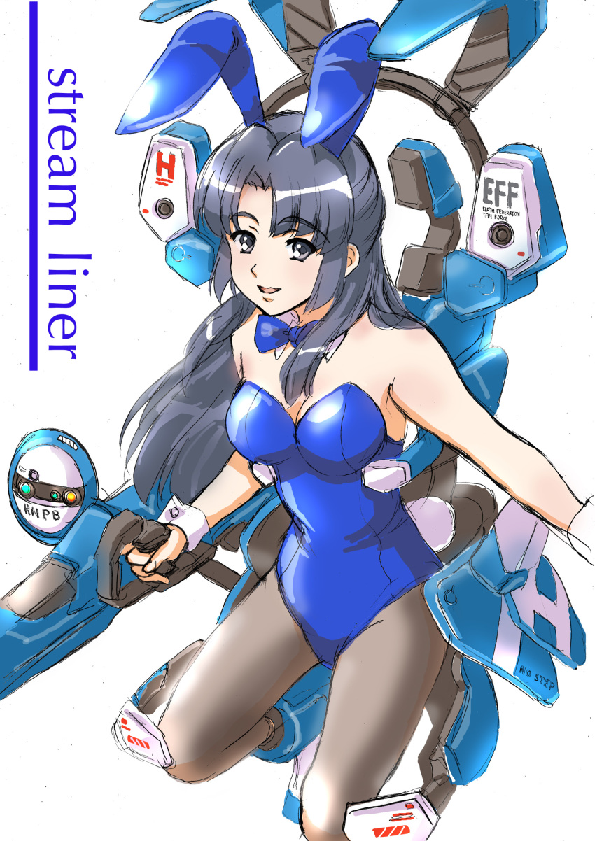 :d absurdres animal_ears asakura_ryouko bare_shoulders black_pantyhose blue_leotard blue_neckwear breasts choker cleavage fake_animal_ears fake_tail female floating_hair fujita_(speedlimit) grey_eyes grey_hair grey_pantyhose gundam hair_intakes highres leotard long_hair machinery medium_breasts official_alternate_costume open_mouth pantyhose photoshop_(medium) playboy_bunny rabbit_ears rabbit_tail smile solo strapless strapless_leotard suzumiya_haruhi_no_yuuutsu tail thighs very_long_hair white_background wrist_cuffs