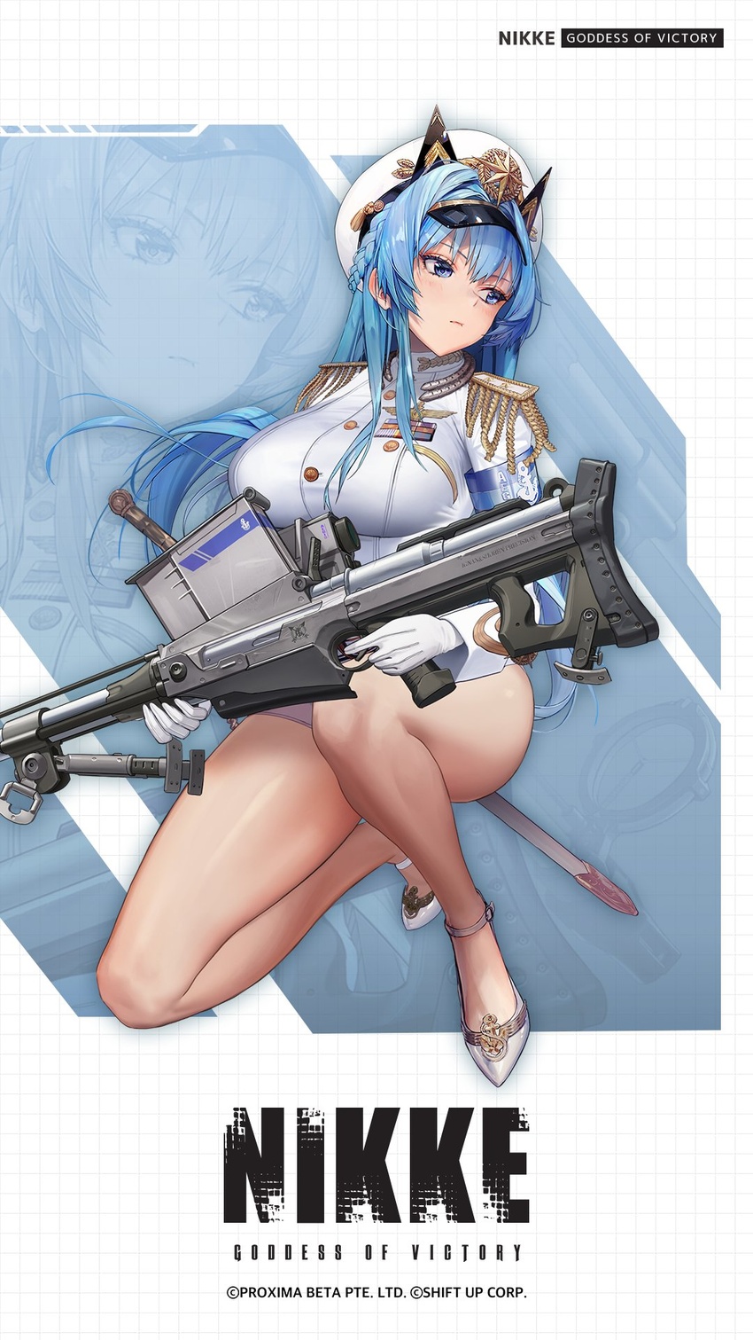 anti-materiel_rifle bare_legs blue_eyes blue_hair blush braid breasts buttons closed_mouth commentary_request company_name copyright_name epaulettes female full_body gloves goddess_of_victory:_nikke gold_trim grid_background gun hat helm_(nikke) high_heels highres holding holding_weapon kkuem kneeling large_breasts lips logo long_hair long_sleeves looking_away military military_uniform official_art peaked_cap rifle second-party_source shiny_skin simple_background sniper_rifle solo sword thighs trigger_discipline uniform weapon white_gloves zoom_layer