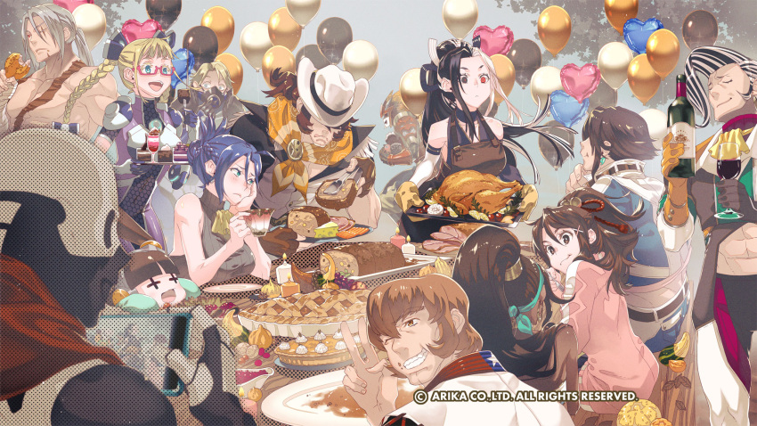 allen_snider area_(street_fighter) arika artist_request balloon black_hair blair_dame breasts brown_hair character_request closed_mouth cracker_jack dark-skinned_female dark_skin doctrine_dark earrings fighting_ex_layer food garuda_(street_fighter) hayate_(street_fighter) highres hokuto_(street_fighter) jewelry kairi_(street_fighter_ex) kamite_hayate long_hair medium_hair meme_attire multiple_boys multiple_girls nanase_(street_fighter) official_art official_wallpaper open_mouth pie ponytail pullum_purna rain_(technictix) sanane shirase_(street_fighter) short_hair skullomania smile street_fighter street_fighter_ex_(series) technictix thanksgiving turkey_(food) virgin_killer_sweater vulcano_rosso