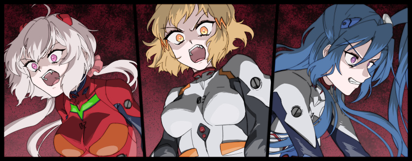 3girls absurdres ahoge antenna_hair ayanami_rei ayanami_rei_(cosplay) blonde_hair blue_hair bodysuit breasts clenched_teeth cosplay crossover hair_ornament highres ikari_shinji ikari_shinji_(cosplay) interface_headset kazanari_tsubasa large_breasts long_hair low_twintails medium_breasts multiple_girls neon_genesis_evangelion open_mouth pilot_suit pink_eyes plugsuit pojitaro purple_eyes red_bodysuit senki_zesshou_symphogear short_hair side_ponytail sidelocks souryuu_asuka_langley souryuu_asuka_langley_(cosplay) split_screen tachibana_hibiki_(symphogear) teeth twintails upper_body white_bodysuit white_hair yellow_eyes yukine_chris