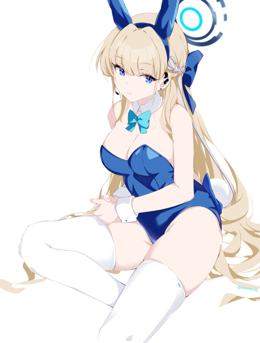 animal_ears aqua_bow aqua_bowtie bare_arms bare_shoulders blonde_hair blue_archive blue_eyes blue_hairband blue_halo blue_leotard bow bowtie braid breasts cleavage closed_mouth commentary_request detached_collar fake_animal_ears fake_tail female hair_ornament hairband halo highres large_breasts leotard long_hair official_alternate_costume okame._(okame124) playboy_bunny rabbit_ears rabbit_tail sideboob simple_background sitting solo strapless strapless_leotard tail thighhighs thighs toki_(blue_archive) toki_(bunny)_(blue_archive) white_background white_thighhighs wrist_cuffs