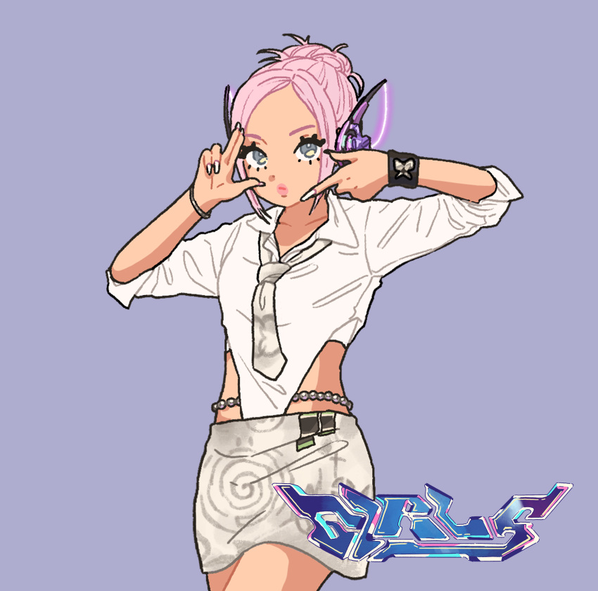 aespa animification black_wristband collared_shirt female finger_frame girls_(aespa) grey_necktie grey_skirt guriming hair_bun highres k-pop looking_at_viewer necktie ningning_(aespa) pink_hair pink_lips purple_eyes real_life robot_ears shirt single_hair_bun skirt solo song_name standing waist_cutout white_shirt