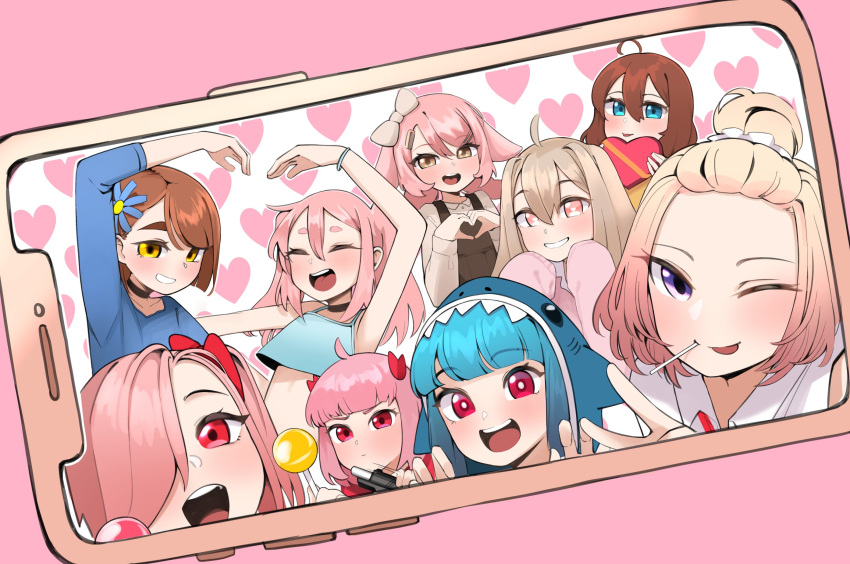 6+girls :d ahoge animal_hood arm_up bad_id bad_twitter_id blonde_hair blue_eyes blue_flower blue_hair blunt_bangs blush borrowed_character bow box bracelet brown_eyes brown_hair candy character_request commentary copyright_request english_commentary flower food grin hair_between_eyes hair_flower hair_ornament hair_over_one_eye hairbow happy_(eds) heart heart-shaped_box heart_background heart_hands highres holding holding_box hood inactive_account jewelry lollipop long_hair looking_at_viewer multiple_girls nia_(dudul) nona_(yeun) nuri_(yoon_cook) one_eye_closed open_mouth original phone photo_(object) pink_background pink_hair red_eyes shark_hood short_hair smile teeth tongue tongue_out upper_teeth_only v violett_(k-rha) white_bow yeun