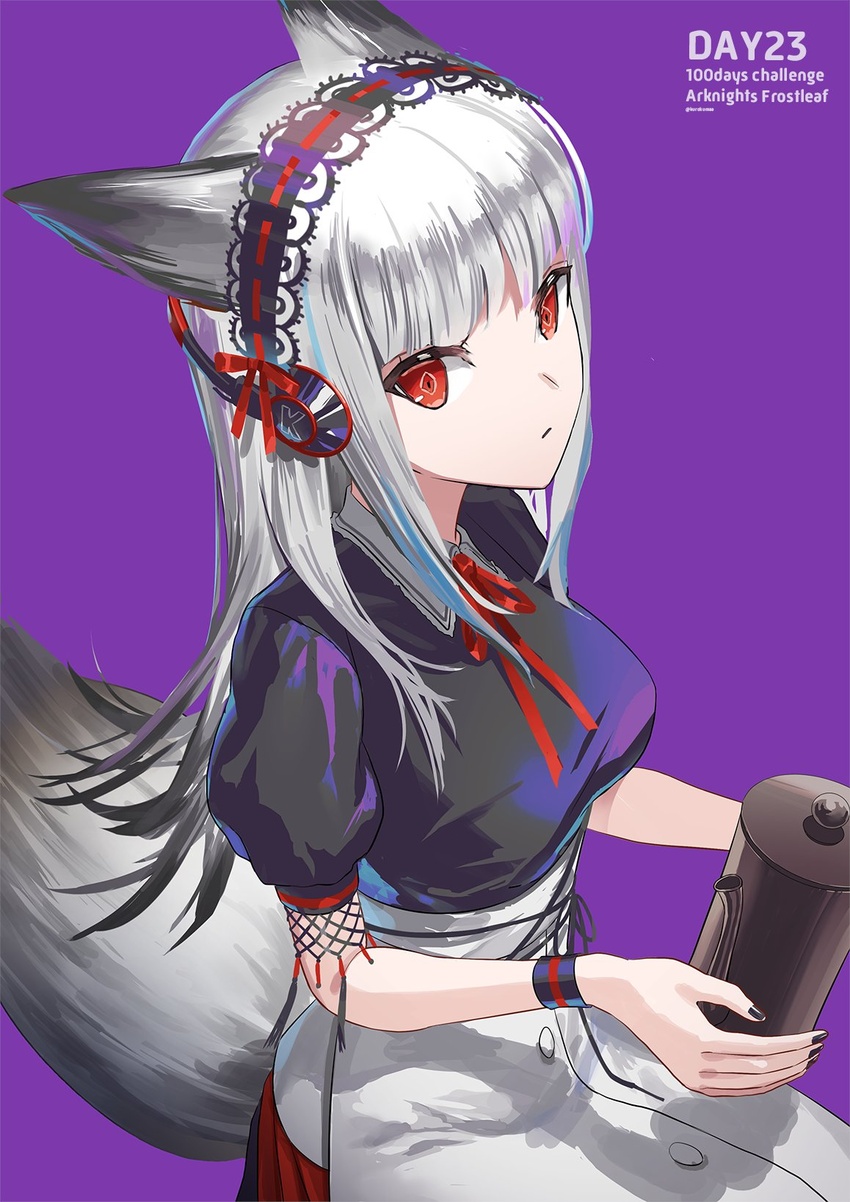 alternate_costume animal_ears apron arknights black_nails black_shirt breasts character_name coffee_pot collared_shirt female fox_ears fox_girl fox_tail from_side frostleaf_(arknights) grey_hair hair_ribbon headdress headphones highres holding holding_coffee_pot holding_kettle kettle long_hair looking_at_viewer makkuro neck_ribbon official_alternate_costume puffy_short_sleeves puffy_sleeves purple_background red_ribbon ribbon shadow shirt short_sleeves sidelocks simple_background sitting solo tail waist_apron wristband