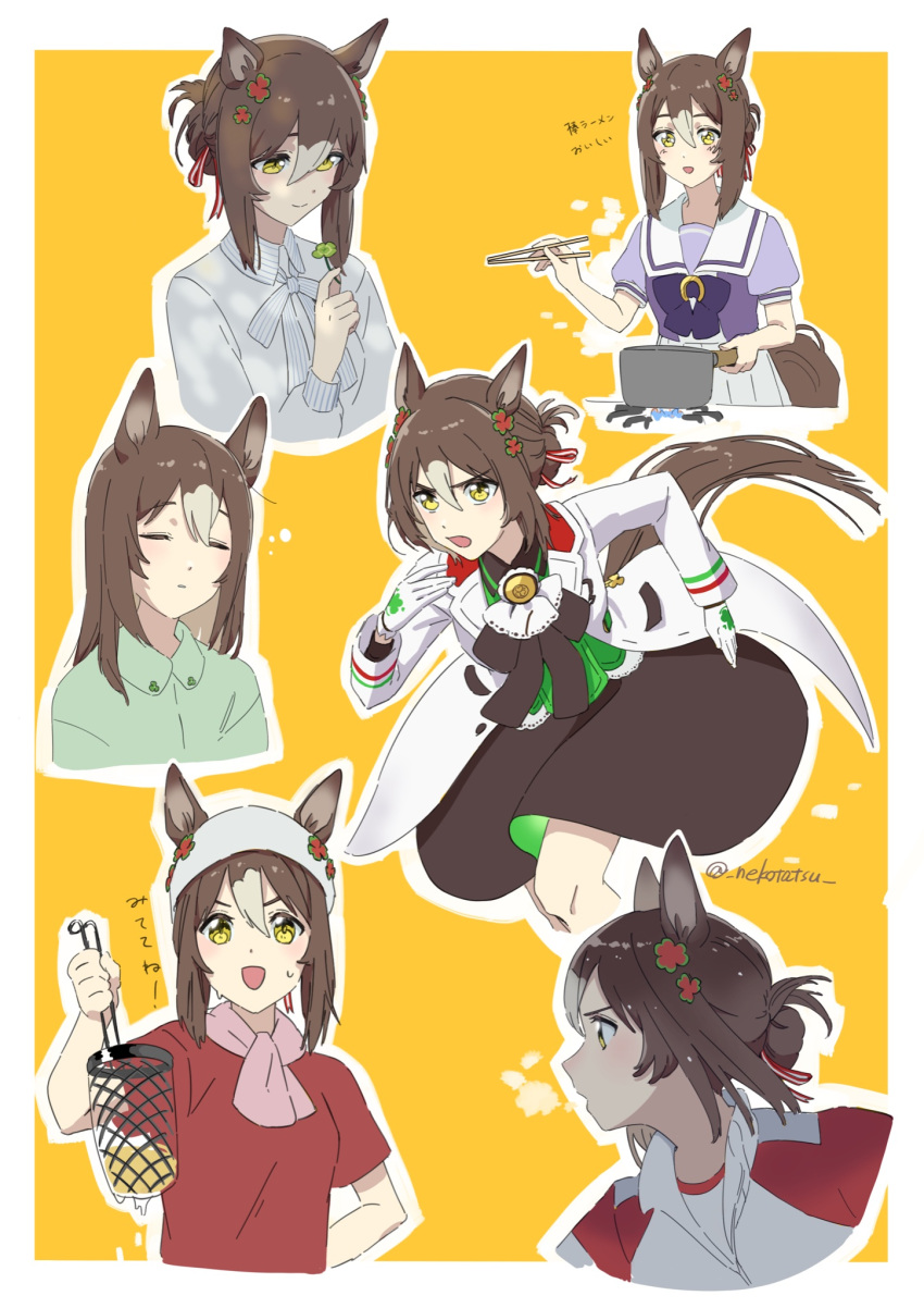 alternate_hairstyle animal_ears breath brown_hair brown_skirt chopsticks closed_eyes closed_mouth clover clover_hair_ornament cooking_pot female fine_motion_(umamusume) four-leaf_clover gloves green_skirt hair_bun hair_ornament highres horse_ears horse_girl horse_tail jacket kotatsu_(_nekotatsu_) long_hair long_sleeves looking_at_viewer medium_hair multicolored_hair multiple_views noodle_strainer open_mouth red_shirt running sailor_collar school_uniform shirt single_hair_bun skirt smile squeans strainer sweat sweatband tail tracen_school_uniform track_jacket twitter_username two-tone_hair umamusume white_gloves white_jacket white_shirt yellow_eyes