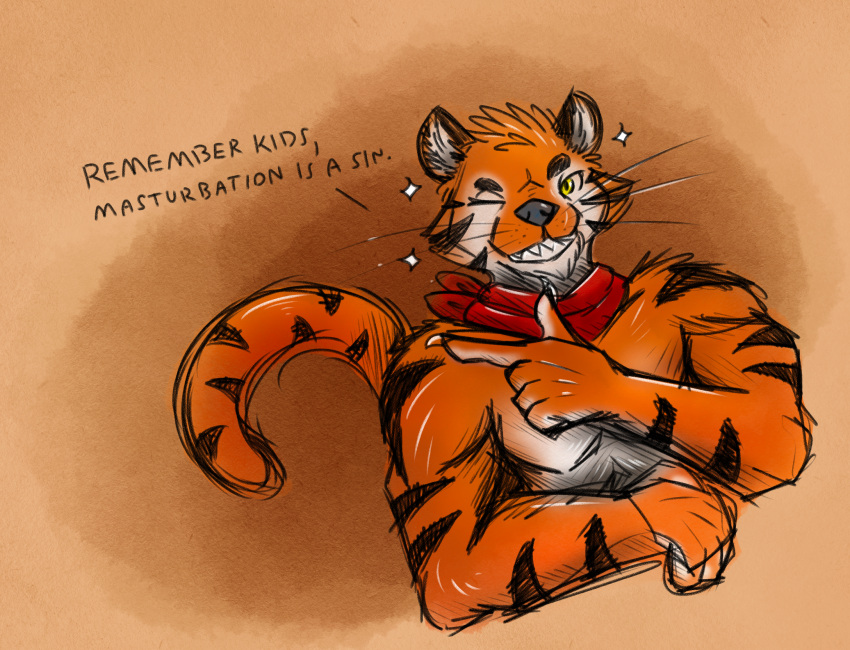 anthro bandana bandanna_only felid felidae feline frosted_flakes fur grin hi_res kellogg's kerchief kerchief_only loafofbirb looking_at_viewer male mammal markings mascot meme mostly_nude muscular muscular_anthro muscular_male neckerchief no_nut_november one_eye_closed pantherine red_kerchief red_neckerchief smile solo striped_body striped_fur striped_markings striped_tail stripes tail tail_markings teeth teeth_showing text tiger tony_the_tiger wink winking_at_viewer