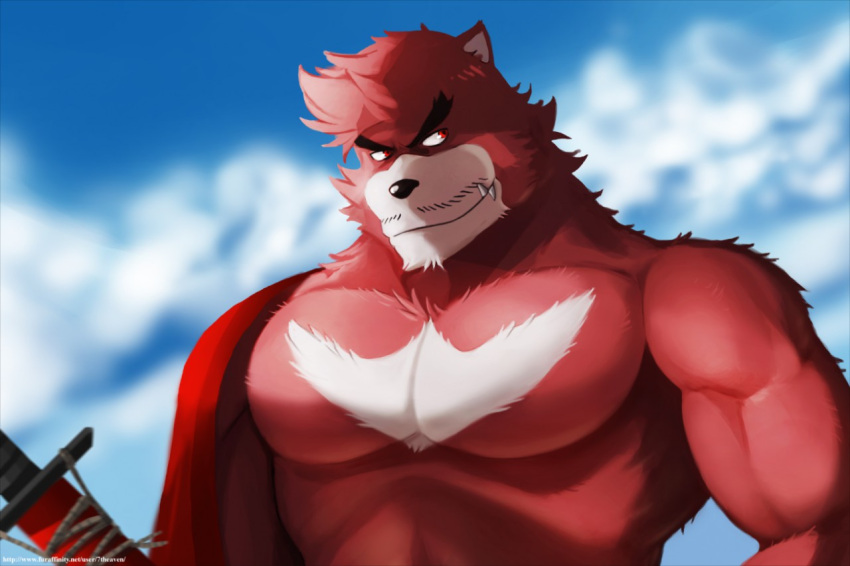 2017 7theaven anthro bear black_bear black_eyebrows black_nose brown_body brown_fur cloud day eyebrows facial_hair fur katakana kumatetsu male mammal moon_bear moustache muscular muscular_anthro muscular_male pecs red_eyes sky solo the_boy_and_the_beast ursine white_body white_fur