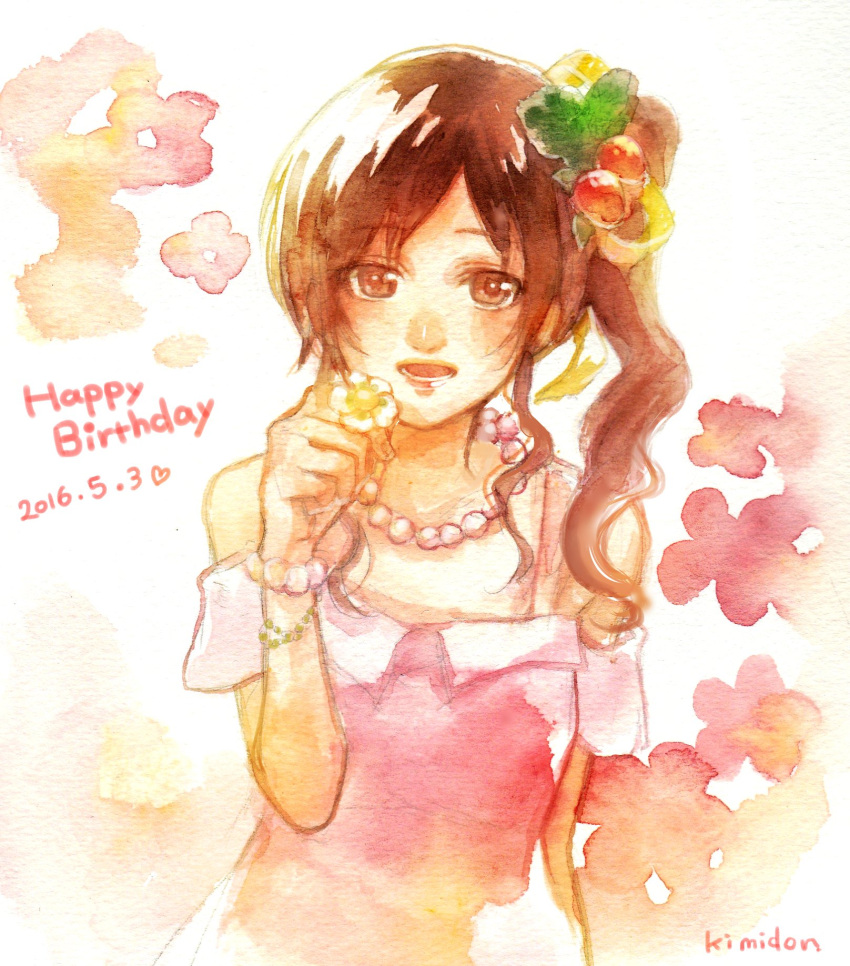 bracelet brown_eyes brown_hair dated female flower happy_birthday highres jewelry katekyo_hitman_reborn! kimidori_(kimidoriri) long_hair miura_haru necklace painting_(medium) side_ponytail solo traditional_media watercolor_(medium) wavy_hair