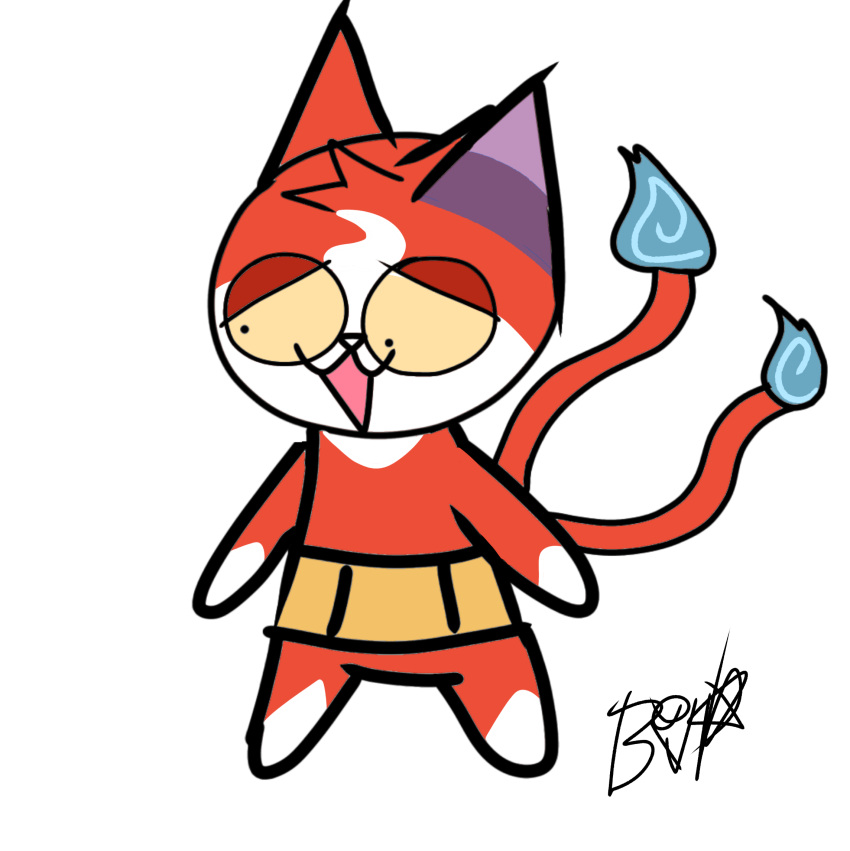 anthro belt bippppy digital_media_(artwork) domestic_cat felid feline felis hi_res jibanyan level-5 male mammal paws red_body solo yo-kai_watch