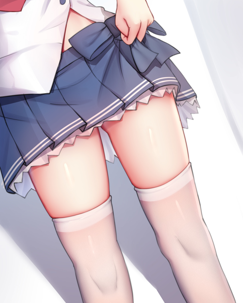 absurdres blue_bow blue_skirt bow close-up facing_viewer female gei_daipf highres knees lifted_by_self lower_body miniskirt petticoat pleated_skirt shirayuki_(warship_girls_r) shirt skindentation skirt skirt_lift solo standing thighhighs thighs warship_girls_r white_legwear white_shirt zettai_ryouiki