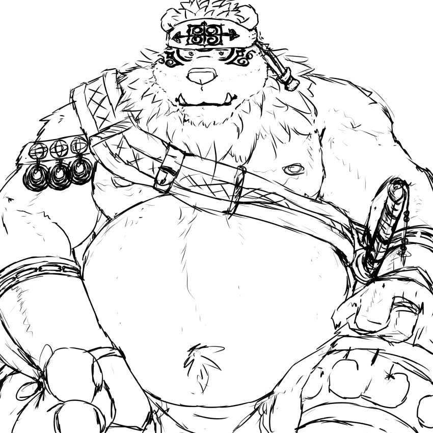 1:1 2020 anthro bear belly hi_res kimun_kamui_(tas) laohu lifewonders male mammal monochrome moobs nipples overweight overweight_anthro overweight_male simple_background solo tokyo_afterschool_summoners white_background