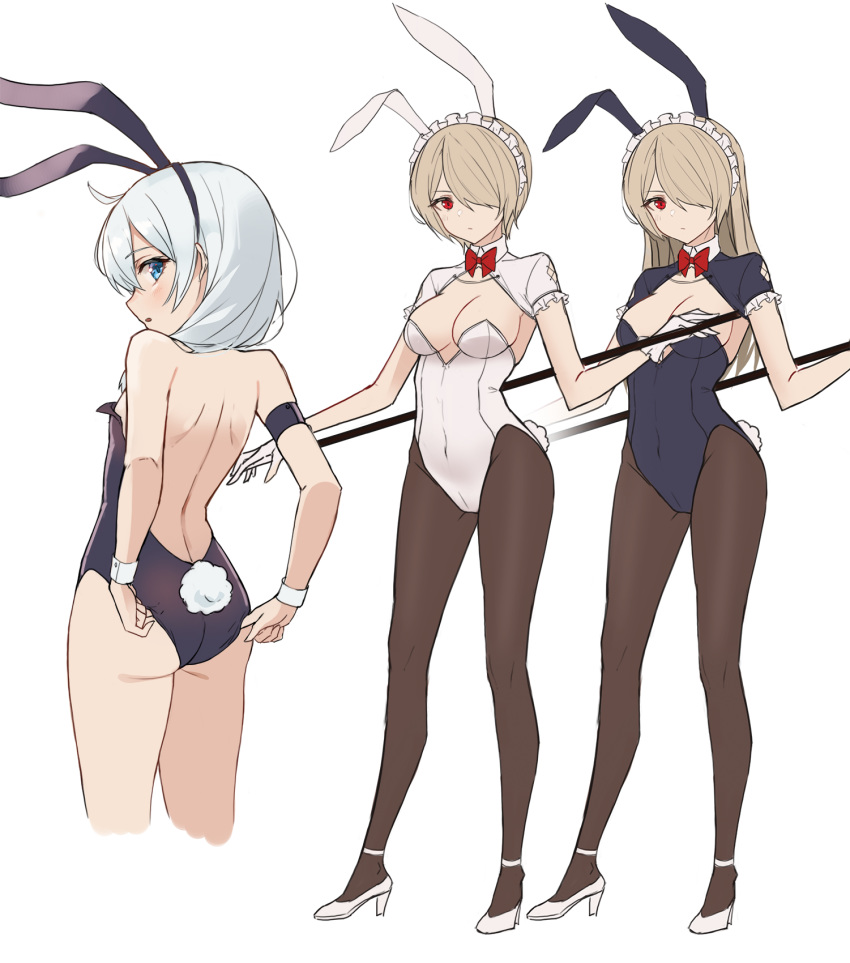 2girls adjusting_clothes aliceblue animal_ears armband ass back backless_leotard backless_outfit bad_id bad_pixiv_id bare_legs bare_shoulders black_leotard blue_eyes bow bowtie breasts brown_hair brown_legwear cleavage closed_mouth commentary_request covered_navel fake_animal_ears fake_tail from_behind gloves hair_over_one_eye headdress high_heels highres holding honkai_(series) honkai_impact_3rd korean_commentary leotard long_hair long_legs looking_at_viewer looking_back medium_breasts multiple_girls pantyhose parted_lips playboy_bunny profile rabbit_ears red_eyes rita_rossweisse short_hair standing tail theresa_apocalypse thighs white_footwear white_gloves white_hair white_leotard wing_collar wrist_cuffs