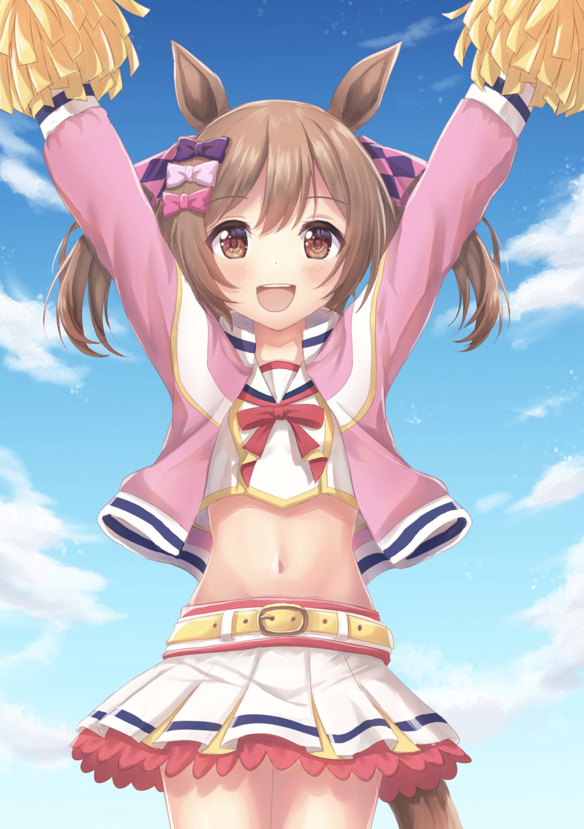 animal_ears arms_up blush brown_eyes brown_hair cheerleader commentary_request cosplay female highres horse_ears horse_girl horse_tail jacket looking_at_viewer midriff navel nice_nature_(run&win)_(umamusume) nice_nature_(umamusume) nice_nature_(umamusume)_(cosplay) open_mouth pom_pom_(cheerleading) sakurakkuma sky smart_falcon_(umamusume) solo tail umamusume