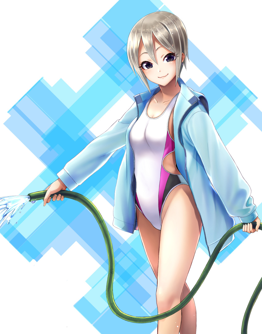 :3 absurdres bare_legs black_eyes blue_jacket blush breasts cleavage collarbone commentary_request competition_swimsuit earrings female grey_hair hair_between_eyes highres holding holding_hose hose idolmaster idolmaster_cinderella_girls jacket jewelry long_sleeves looking_at_viewer medium_breasts one-piece_swimsuit ooike_teru open_clothes open_jacket shiomi_syuko short_hair skindentation smile swimsuit water water_drop