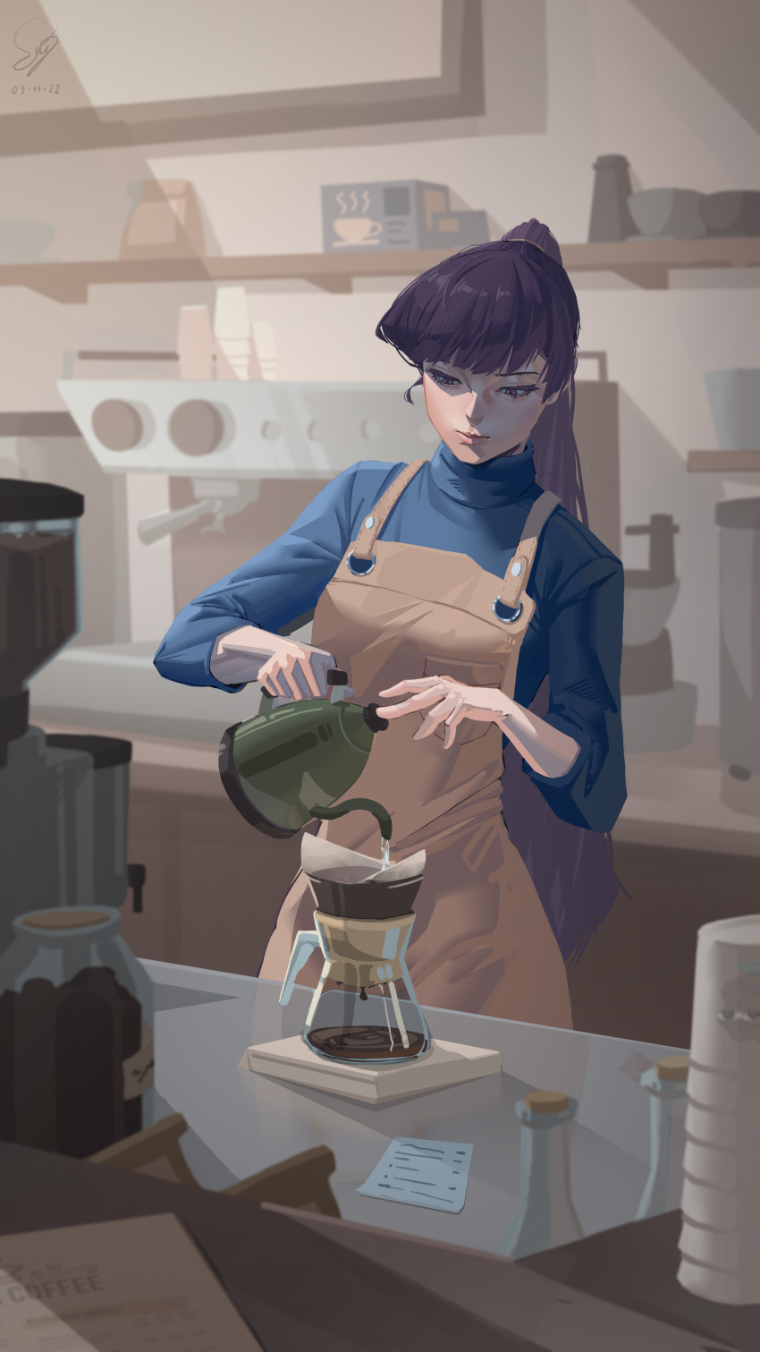 absurdres apron barista blue_sweater bottle brown_apron cafe coffee coffee_beans coffee_filter coffee_pot counter female high_ponytail highres indoors komi-san_wa_komyushou_desu komi_shouko long_hair mazzenka paper pouring purple_eyes purple_hair solo standing sweater swept_bangs turtleneck turtleneck_sweater