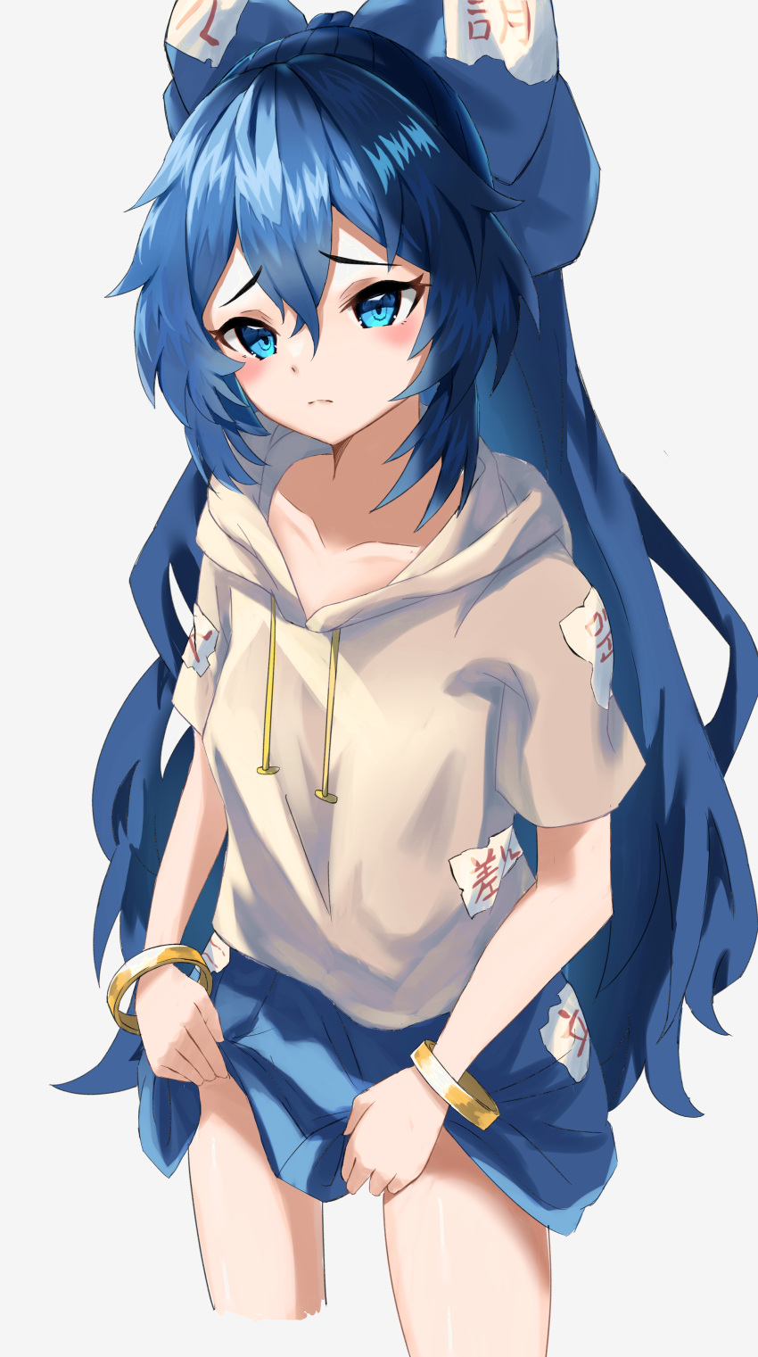 absurdres bad_id bad_pixiv_id blue_eyes blue_hair blue_skirt blush bow breasts clothes_lift collarbone drawstring female frown grey_hoodie hair_between_eyes hairbow highres hood hoodie jewelry kaminose_(user_veum4325) long_hair miniskirt sad short_sleeves skirt skirt_hold skirt_lift small_breasts solo touhou very_long_hair yorigami_shion