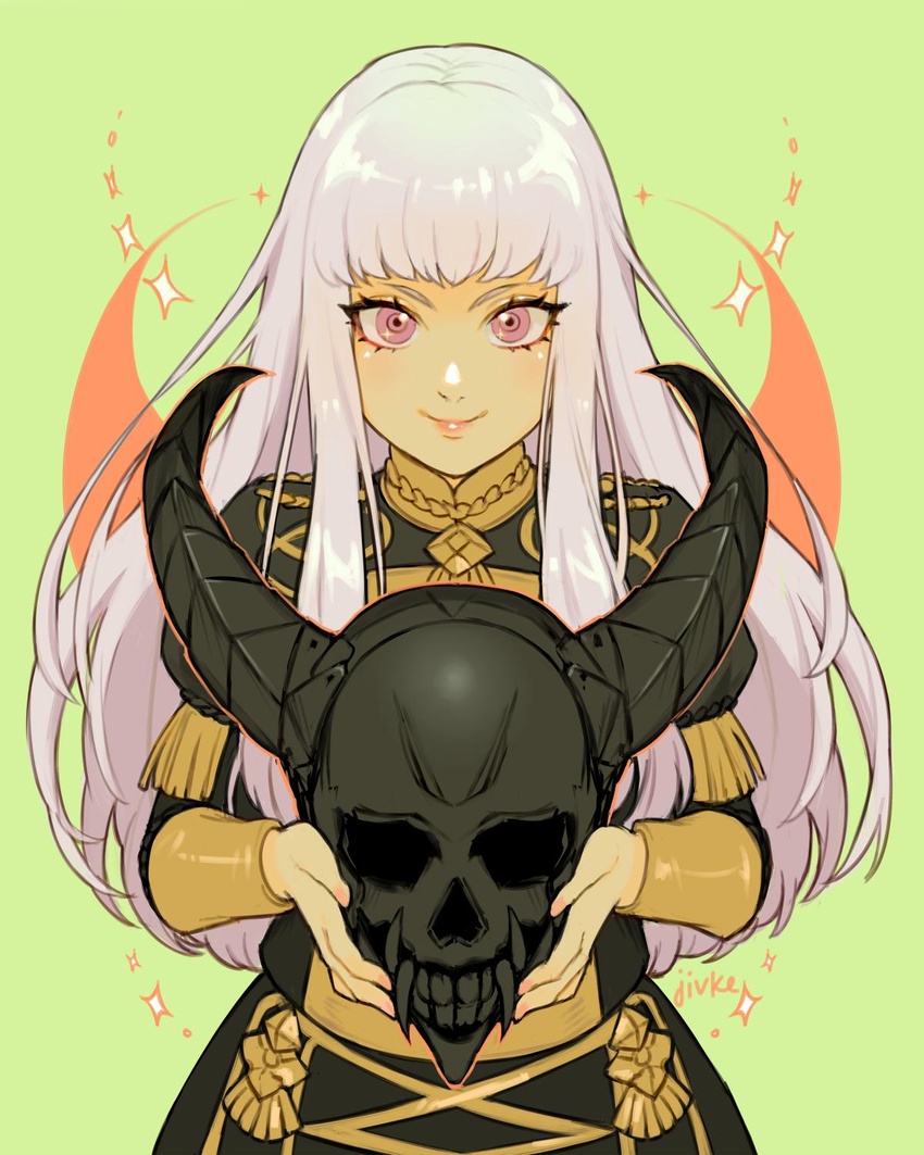 blush closed_mouth commentary death_knight_(fire_emblem) english_commentary epaulettes female fire_emblem fire_emblem:_three_houses garreg_mach_monastery_uniform helmet highres jacket jivke long_hair long_sleeves looking_at_viewer lysithea_von_ordelia pink_eyes purple_eyes simple_background smile solo uniform upper_body white_background white_hair